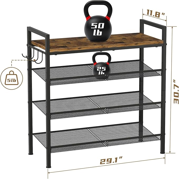 4 Tier Shoe Rack, Shoe Rack for Front Door Entrance with Hook, Steel Frame and Adjustable Mesh Shelves, Metal Shoe Organizer for Entryway, Bedroom, Closet