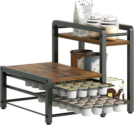 YATINEY Coffee Pod Drawer Holder, Holder for K Cup, Coffee Pod Organizer with 2-Tier Sliding Storage Drawer and Countertop, 56 Pods Capacity, Rustic Brown and Black KH01BR