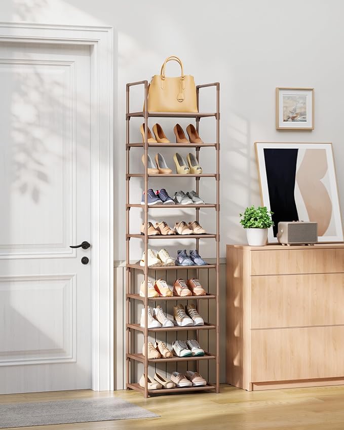Kitsure Shoe Rack - 10-Tier Shoe Organizer with Detachable Fabric Shelves & Metal Frame, Tall Shoe Rack for Closet, Entrance, Living Room, 16.9" Wide - 10 Tier, Brown