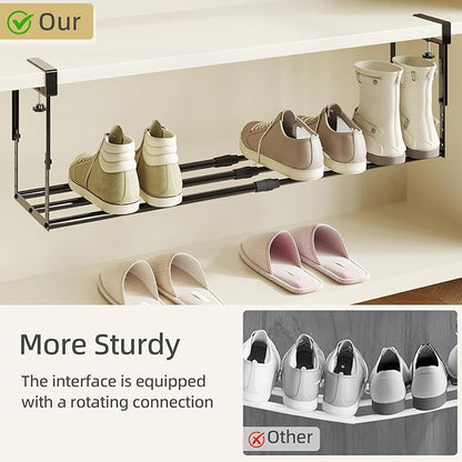 Expandable Shoe Rack Organizer for Cabinet, Adjustable Hanging Under Shelf Storage, Sturdy Round Tube Design, Space Saving Shoe Shelf for Closet, Entryway, Laundry Room, Black