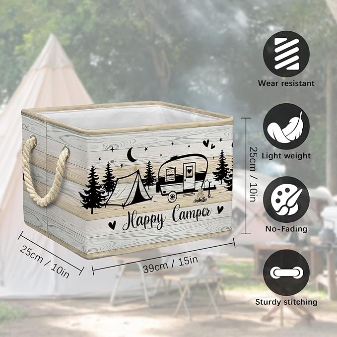 Camping Storage Basket Happy Camper Collapsible Picnic Basket with Handles Outdoor Camping Accessories Storage Bin Organizer for Clothes Toys Books (Balck & Teal, 15x10x10 Inch)