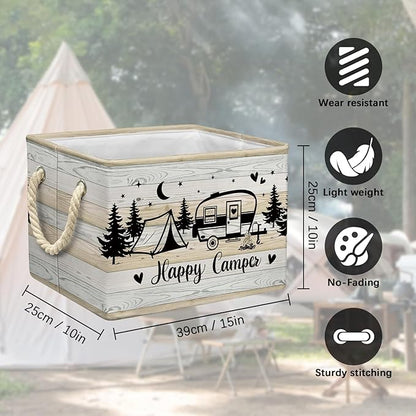 Camping Storage Basket Happy Camper Collapsible Picnic Basket with Handles Outdoor Camping Accessories Storage Bin Organizer for Clothes Toys Books (Balck & Teal, 15x10x10 Inch)