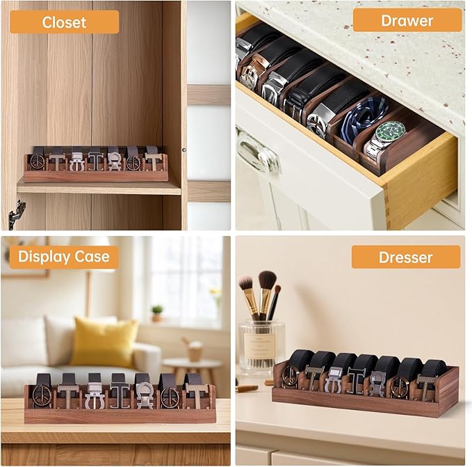 Wood Belt Organizer, 7 Grids Belt Rack, Belt Storage Holder for The Closet and Drawer, Belt Storage Organizer and Displayer, Belt holder Storage Organizer for Men Women, Brown