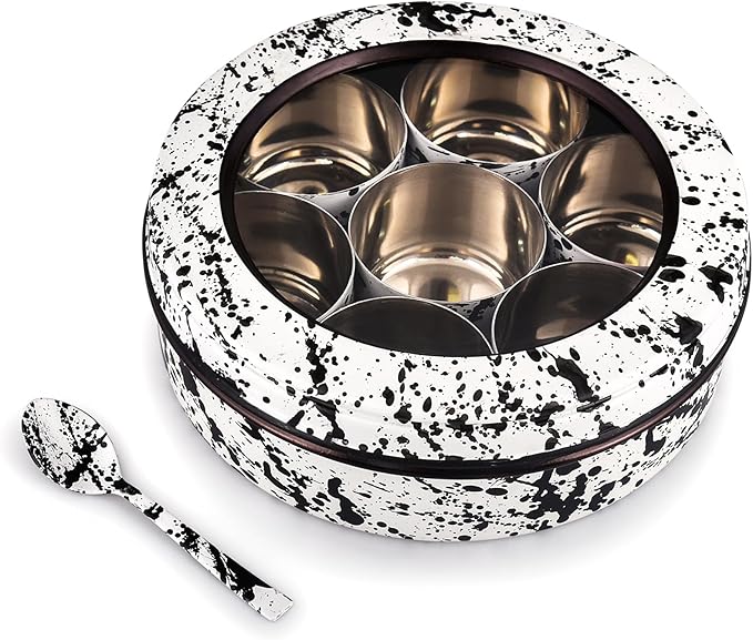 Elan Splatterful Collection Spice Box, Masala Box for Kitchen, Stainless Steel 7 Compartment Multipurpose Air-Tight See Through Round Spice Box/Popula Dabba with Spoon (Black & White, 1500 ml)