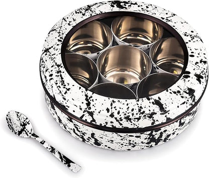 Elan Splatterful Collection Spice Box, Masala Box for Kitchen, Stainless Steel 7 Compartment Multipurpose Air-Tight See Through Round Spice Box/Popula Dabba with Spoon (Black & White, 1500 ml)