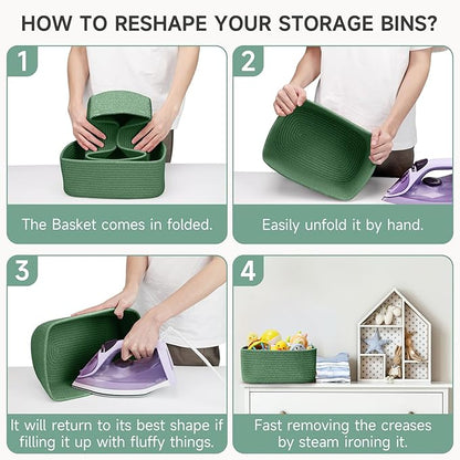 3-Pack Shelf Baskets for Organizing, Closet Organizer Bins, Small Woven Baskets, Rope Toy Basket, Storage Basket for Shelves, Cube Decorative Box, 11.8×7.8×5.1”, Green