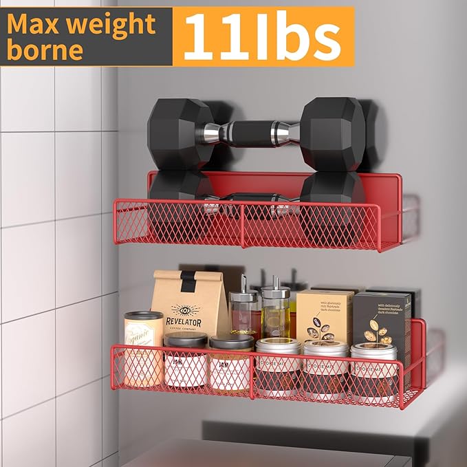 DTUQYX Magnetic Spice Rack for Refrigerator, 4 Pack 100% Metal Strong Magnet Fridge Shelves, Space Saving Spice Organizer, No Drilling Moveable Home Kitchen Laundry Room Storage Organization, Red