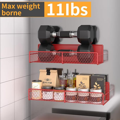 DTUQYX Magnetic Spice Rack for Refrigerator, 4 Pack 100% Metal Strong Magnet Fridge Shelves, Space Saving Spice Organizer, No Drilling Moveable Home Kitchen Laundry Room Storage Organization, Red