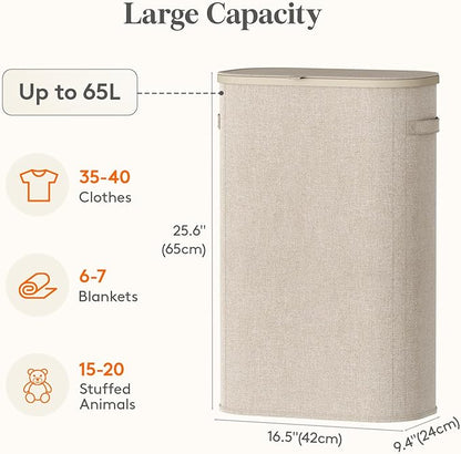 Lifewit Slim Laundry Basket with Lid, Narrow Laundry Hamper with Plastic Handles and Removable Bag, Tall Foldable Dirty Clothes Hampers for Laundry Room, Bedroom, Bathroom, Dorm, 65L Beige