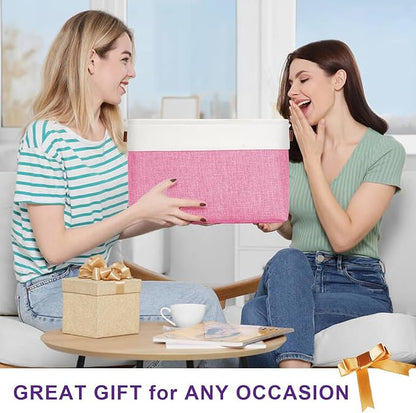 Bagnizer Storage Bins Large Fabric Storage Baskets for Shelves 3 Pack, Decorative Linen Closet Baskets with Handles for Organizing, Shelf, Clothes, Home, Office, 15x11x9.5Inches (Pink&White)