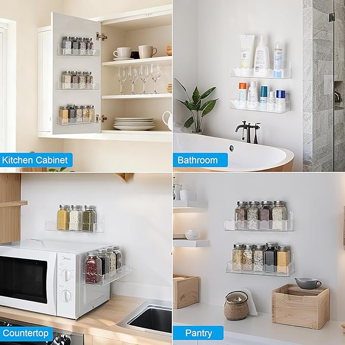 6 inch Spice Rack Wall Mounted,4 Pack Spice Organizer Shelf for Stove Cabinet Pantry Door, Adhesive or Screw Hanging Wall Spice Shelf Storage Holder in Kitchen and RV - Clear Color