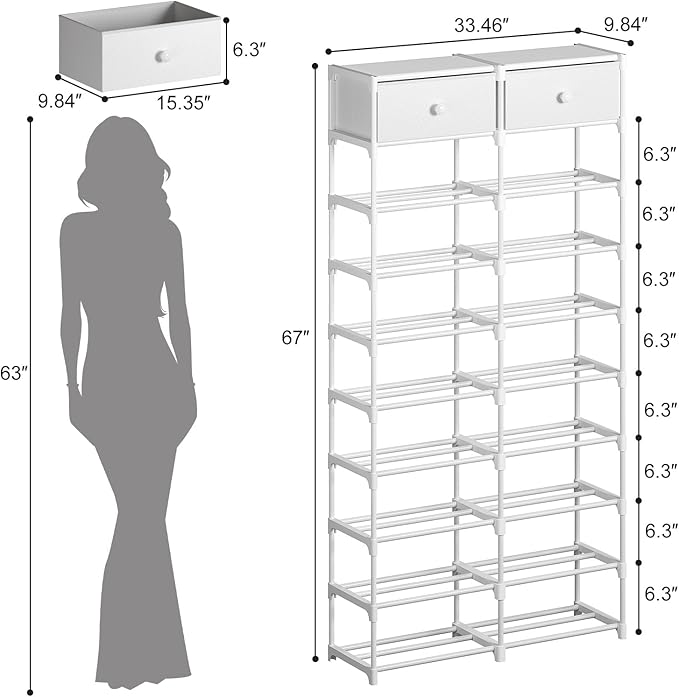 Tall Shoe Rack, 10 Tier Shoe Rack Organizer with 2 Large Drawers, Shoe Storage for 36-40 Pairs, Sturdy Metal Shoe Shelf Shoe Stand for Closet Entryway, White