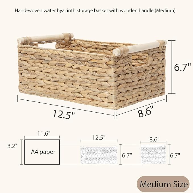 Water Hyacinth Wicker Storage Basket, Rectangular Handwoven Shelf Organizer with Wooden Handles for Pantry & Closet (Medium)