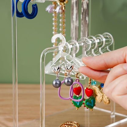 NiHome Clear Acrylic Earring Organizer Stand for Home, Store, Exhibition - Mirror-Finish 2-Tiered Display for 48 Pairs, 16 Mini Hangers Holder Tangle-Free Storage Adds Elegance to Jewelry Presentation