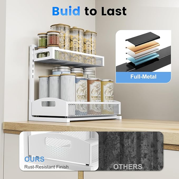 Petiza Metal Under Sink Organizer, Pull Out Cabinet Organizer Rack with Silk-Smooth Bottom Drawer, 5-Level Adjustable, Multi-Purpose Storage Shelf for Bathroom, Kitchen, Vanity, Pantry (2-Pack)