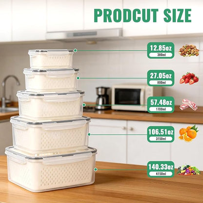 5 PCS Fruit Storage Containers for Fridge Berry Storage Containers Veggie Storage with Drain Tray BPA-Free Plastic Fruit Containers with Removable Colander Crisper for Long-Term Freshness