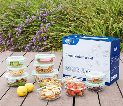 Bayco Glass Food Storage Containers with Lids, [24 Piece] Glass Meal Prep Containers, Airtight Bento Boxes, Leak Proof (12 lids & 12 Containers) - Green