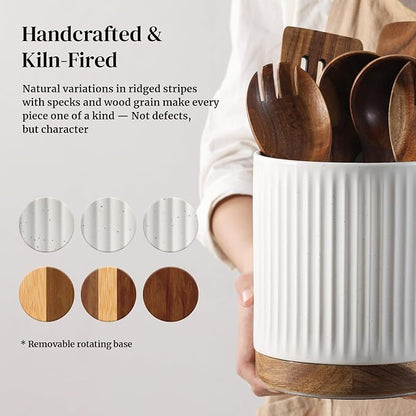 DOWAN 360° Rotating Extra Large Cooking Utensil Holder, 7.6" Kitchen Utensil Holder for Countertop, Utensil Crock for Farmhouse Kitchen Decor, Ceramic Stable Utensil Caddy, White Stripes