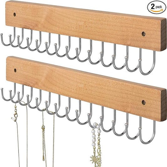 SCUNDA Wall Mounted Necklace Holder, Farmhouse Style Necklace Holder, Tangle Free Wall Jewelry Organizer with 28 Hooks(2 Packs,Natural)