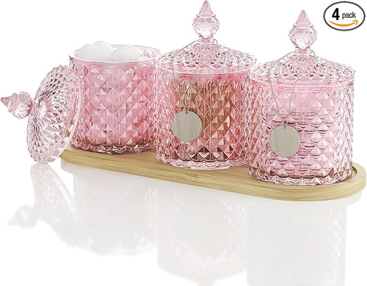 3Pack Pink Glass Qtip Holder Set with Bamboo Tray - 10oz Diamond-Facet Apothecary Jars with Lids - Bathroom Canisters for Cotton Swabs, Balls, Pads & Floss Picks - Vanity Storage Organizer