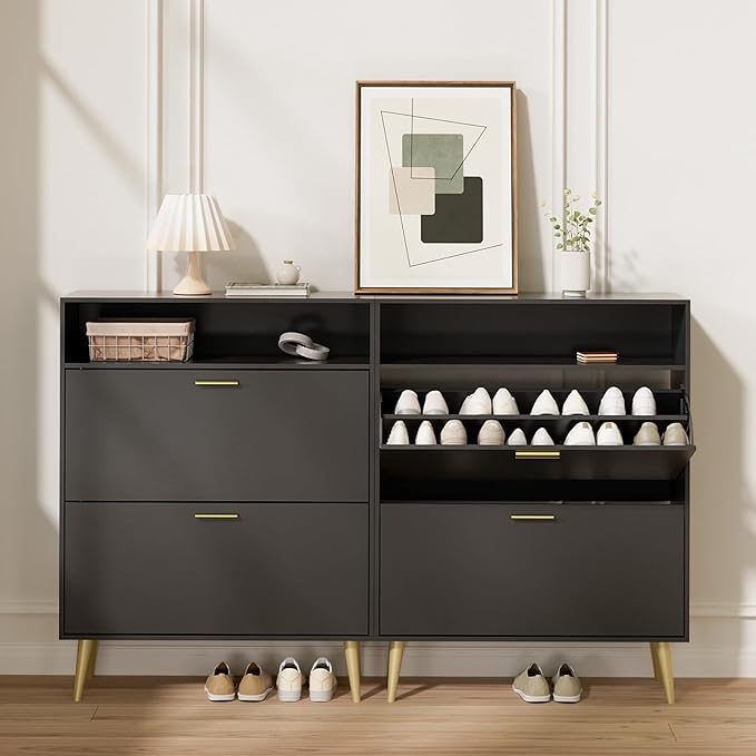 LYNSOM Shoe Cabinet Set of 2, Free Standing Tipping Bucket Shoe Rack Organizer with 2 Flip Drawers, Modern Entryway Shoe Storage with Top Display, Narrow Slim Hidden Shoe Cabinet (Black)