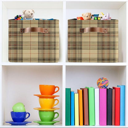 Large Storage Basket Beige Gingham Plaid Storage Bin Cube Canvas Fabric Organizer Handles Collapsible for Clothes Toys Bedroom Decorative