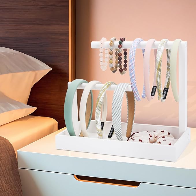 Headband Organizer Headband Holder for Girls Hair Tie Holder Stylish Vanity Organizer with Rustic Natural Wood Design for Bathroom & Dressing Tablespace-Saving Hair Accessory Storage