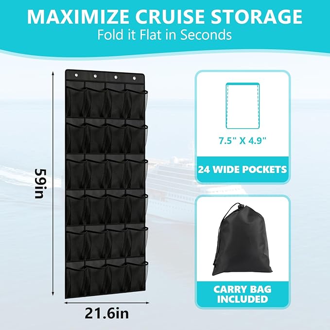 Esoes Cruise Ship Magnetic Door Organizer, 24 Pockets Magnetic Behind the Door Shoe Rack-4 Strong Anti-Scratch Magnets, Over the Door Organizer Cruise Essentials Storage for Cruise Cabin Travel