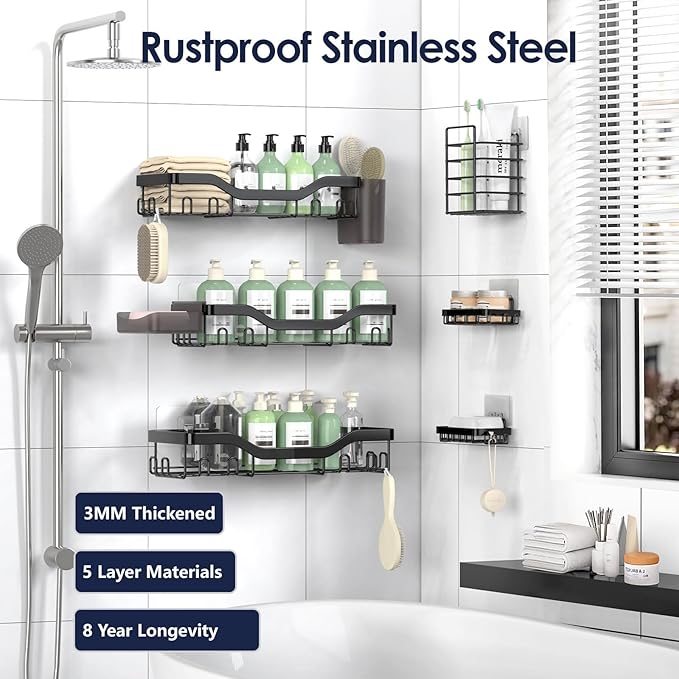 NESOMI Shower Caddy Adhesive Shower Organizer 8-Pack, Rustproof Stainless Steel Bathroom Shelves, Large Capacity No-Drill Rack Storage Accessories with Soap Dish Toothbrush Holder Hooks