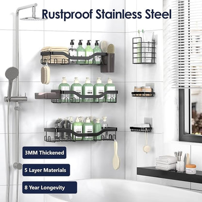 NESOMI Shower Caddy Adhesive Shower Organizer 8-Pack, Rustproof Stainless Steel Bathroom Shelves, Large Capacity No-Drill Rack Storage Accessories with Soap Dish Toothbrush Holder Hooks