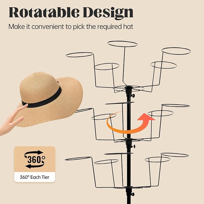 7-Tier Rotating Hat Display Rack Stand – Freestanding Metal Hat Organizer with 35 Cap Holders, Adjustable Height & Rolling Base, Space-Saving Standing Hat Rack for Baseball Caps, Cowboy Hats, Stores