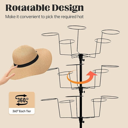 7-Tier Rotating Hat Display Rack Stand – Freestanding Metal Hat Organizer with 35 Cap Holders, Adjustable Height & Rolling Base, Space-Saving Standing Hat Rack for Baseball Caps, Cowboy Hats, Stores