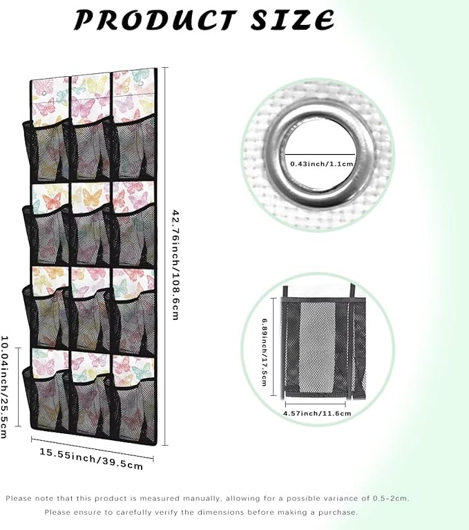 12-Pocket Waterproof Oxford Cloth Storage Hanging Bag Behind The Door, Foldable Large Capacity Organizer for Bathroom Closet Bedroom and Pantry Door, Butterfly