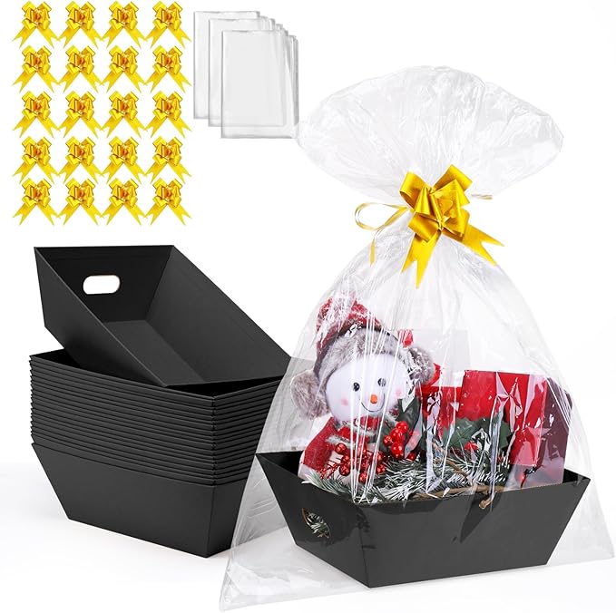AFOROEOA 20PACK Baskets for Gifts Empty, 10x12”Thick Black Gift Basket with 20 Bows 20 Bags Empty Gift Baskets for Christmas, Valentine’s Day, Easter, Birthdays, Snacks, Farmers Market