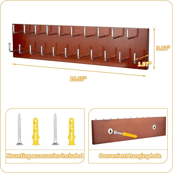 Belt Organizer Holder Wooden Belt Hanger for Closet Wall Mount Belt Storage Rack Tie Bra Scarf Hanger Holds Over 40 Large Belts (Brown)