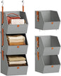 Homsorout Collapsible Hanging Closet Organizer - 3 Tier Closet Shelves Storage System with Hooks, Fabric Hanging Storage Bins for Clothes, Foldable Storage Basket for Laundry, Bedroom, Rv, Grey