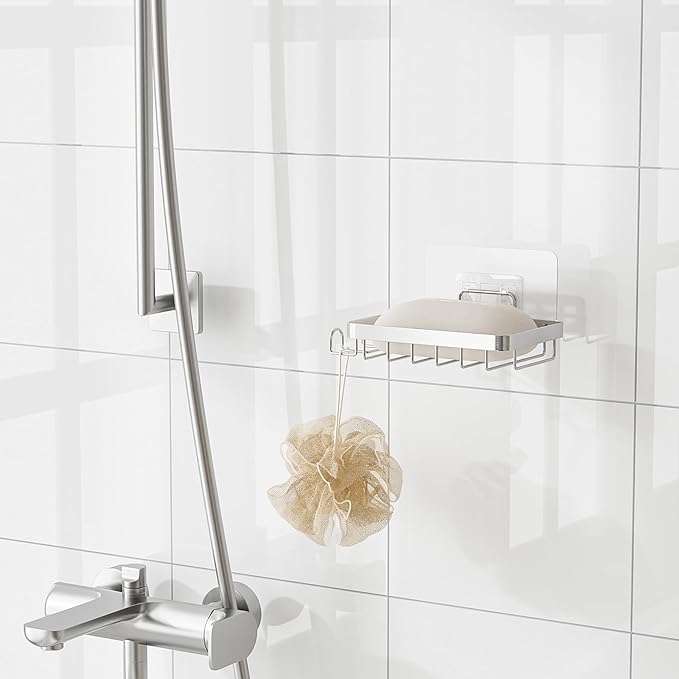 Bar Soap Holder for Shower, Adhesive Self Draining Shower Soap Bar Holder Dish Wall Mounted, Bathroom Soap Container Caddy Tray Saver Case Box for Loofah Razor Shampoo, Silver