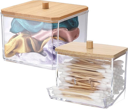 Hipiwe 2 Pack Acrylic Canister Jar with Lid Clear Qtip Holer Bathroom Dispenser Apothecary Jar Cotton Ball and Cotton Swab Organizer Paperclip Storage Box for Living room Bathroom Office
