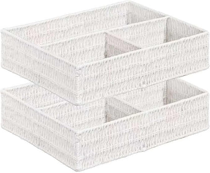 Vagusicc Wicker Divided Storage Basket, White Wicker Baskets, Basket for Shelves Drawer Organizing, 3 Section Rectangular Woven Storage Baskets, 2-Pack