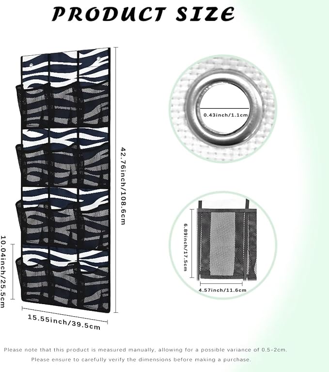 Zebra Print Over The Door Hanging Storage Pockets Space Saving Door Storage Organizer with 12 Breathable Pockets for Bedroom Bathroom