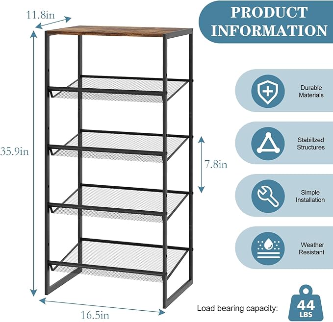 Shoe Rack，5 Tier Shoe Storage Organizer，Sturdy Shoe Shelf,Boot Rack with a Fine Mesh Shelves，for Entryway, Living Room, Hallway，Small Space,11.8 x 16.5 x 27.9 Inches,Brown