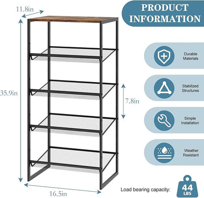 Shoe Rack，5 Tier Shoe Storage Organizer，Sturdy Shoe Shelf,Boot Rack with a Fine Mesh Shelves，for Entryway, Living Room, Hallway，Small Space,11.8 x 16.5 x 27.9 Inches,Brown