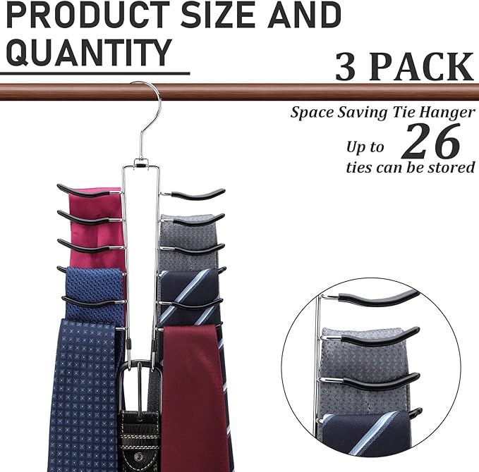 Kathfly 3 Pcs Swivel Tie and Belt Hanger for Closet with 26 Metal Hooks, Necktie Organizer for Men, Large Capacity Tie and Belt Chrome Hanger， 360 Degree Swivel Space Saving Organizer, Black