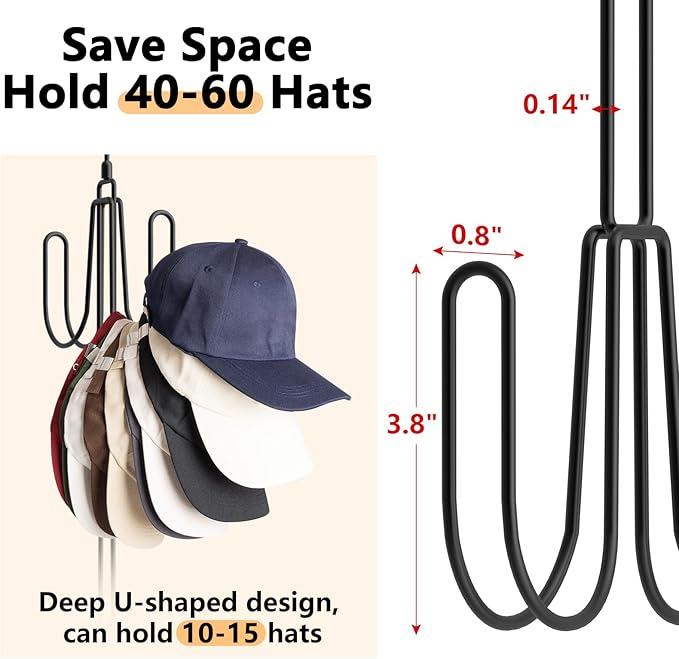 NANATI Hat Hangers for Closet, Stainless Steel Hat Organizer, Hat Racks for Baseball Caps, Cap Organizer for Baseball Caps, 2 Pack