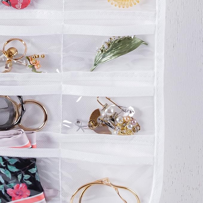 Bloss Hanging Jewelry Organizer, Double Sided 80 Pockets Jewelry Chain Storage Bag 2 Layer of Fabric Jewelry Organizer Holder for Necklace Bracelet Earring Rings - White