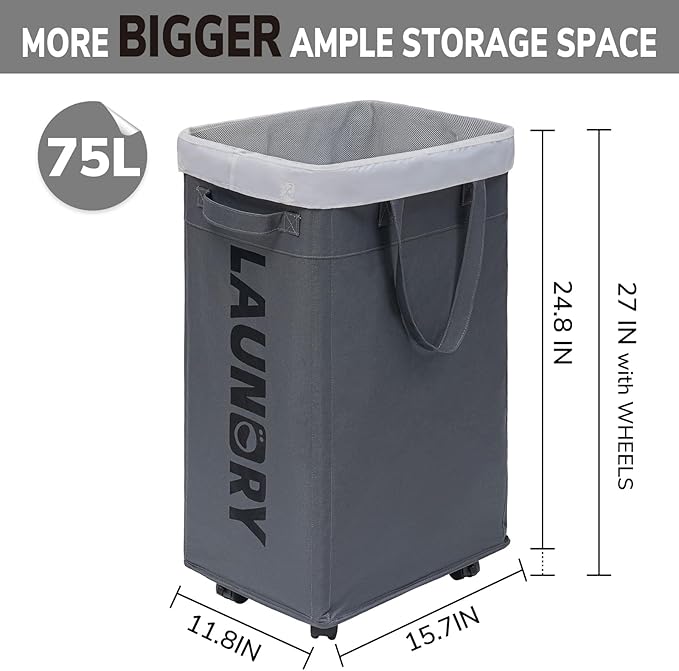 Goodpick Hamper with Wheels, 2-Pack 75L Foldable Laundry Baskets with Removable Wash Bags, Dirty Laundry Basket for Corner Dorm,Grey
