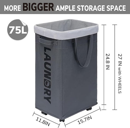 CHICVITA Hamper with Wheels 2-Pack, 75L Large Laundry Baskets with Removable Wash Bags, Foldable Laundry Baskets with Slim Design for Corner Dorms, Rolling Laundry Hamper on Wheels, Grey