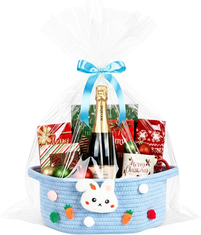 ShellKingdom Empty Gift Basket with Gift Bags and Ribbon, Birthday Basket for Boys Girls, Storage Woven Basket with Handles for Home Organizer, 12 X 8 X 5 INCH, Easter Blue