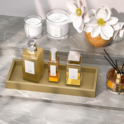 ZHWS Gold Bathroom Vanity Tray for Soap Dispenser, Perfume, Jewelry, Candle, Makeup, Decor, Toilet Tank Tray, Kitchen Tray for Spice, Salt, Coffee 11.3”L x 4.4”W x 1.14”H