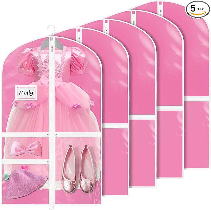 Univivi Dance Costume Garment Bags for Kids, 40 Inch Foldable Hanging Garment Bags for Dancers with Clear PVC Window and 3 Zipper Pockets, Rose Red (5 Pack)